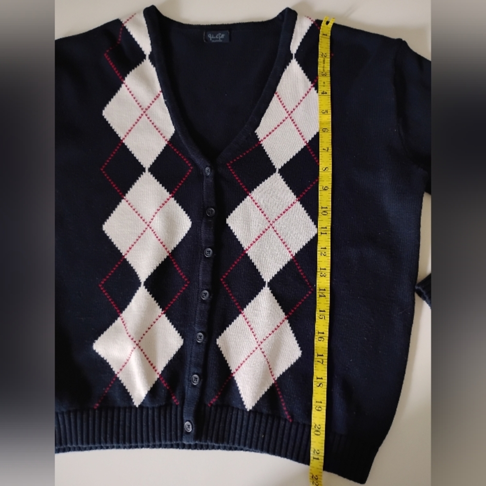 John Galt Cotton V-Neck Cardigan Sweater Navy Blue Red White Tennis Prep Sz Med - Picture 11 of 12